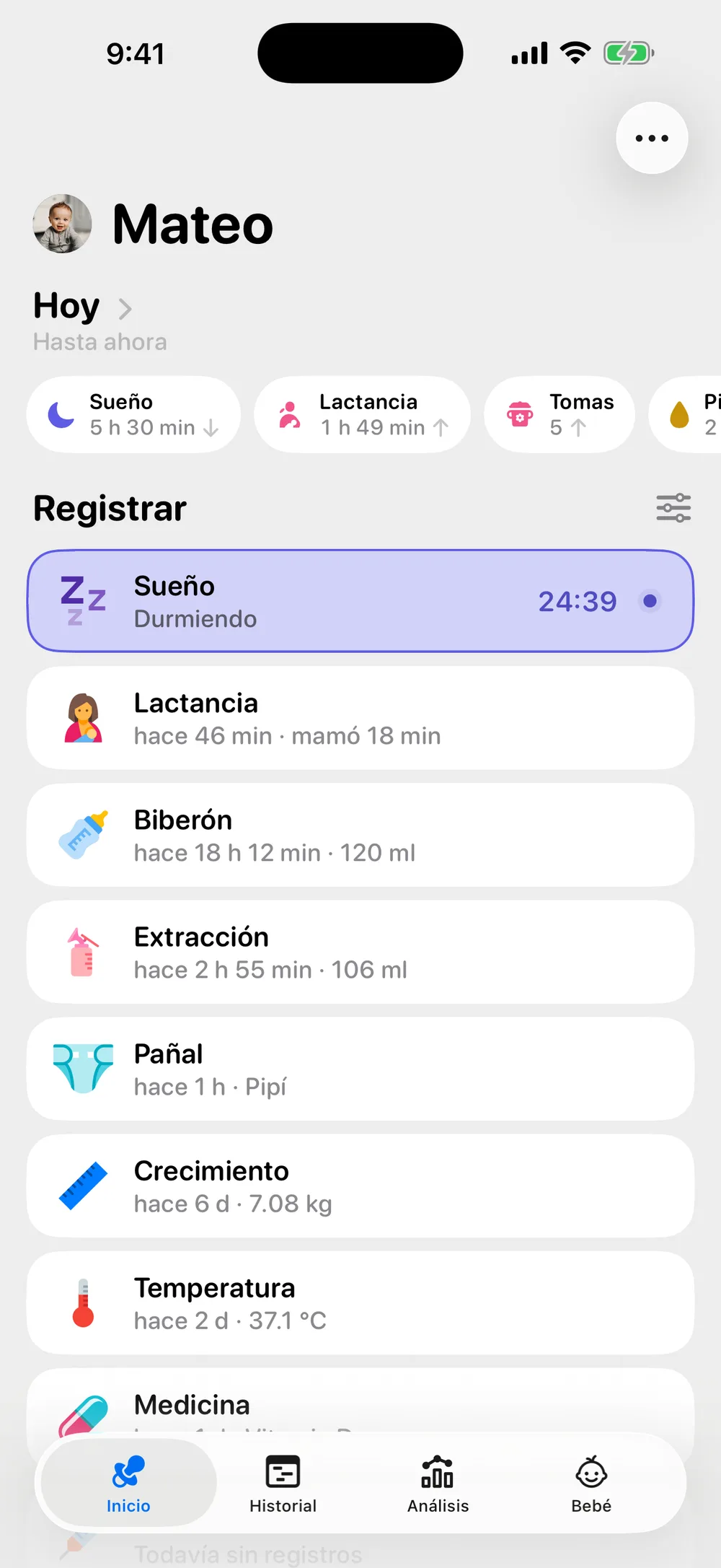 Demostración de Cami: registra una siesta que empezó hace 15 minutos, un pañal y compara el sueño de hoy.