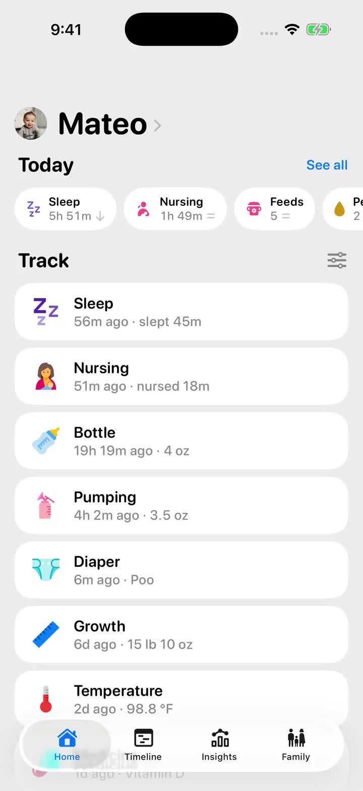 Cami demo: start a sleep 15 minutes ago, log a diaper, then compare today’s sleep.